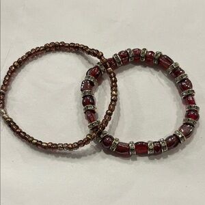 Jewelry bracelets Red and silver rhinestone Beaded Bracelet Duo hand crafted